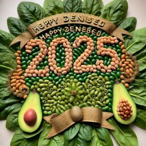 A fancy looking number 2025 made from brown beans on a plate of green beans.