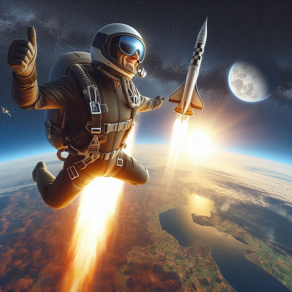 AI generated image of skydiver jumping from a rocket or maybe he has rocket pack or something.